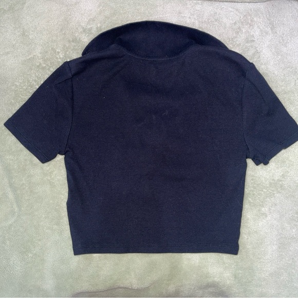 Zara Black Collared V- Neck Ribbed Cropped Cotton Top Short Sleeve Women Sz M - Picture 3 of 5